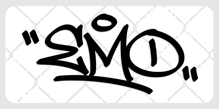 Emo graffiti tag features hand style lettering with halo symbol on textured background layout. Urban street art typography wordmark for emotional rock band merchandise apparel design clip art.