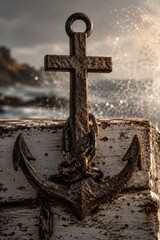 Naklejka premium Old metal anchor leaning against a weathered wooden pier by the sea. Symbolic representation of hope, stability, and faith. Marine decor and nautical theme for travel or religious concept.