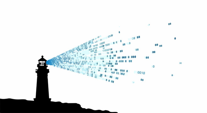 Silhouette lighthouse emitting a digital stream of data into the bright sky.