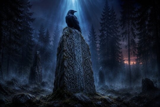 Black raven perched on ancient runestone in misty forest. Nordic monument with carved runes at night. Mythological atmosphere, mystical celtic history, folklore and fantasy concept.