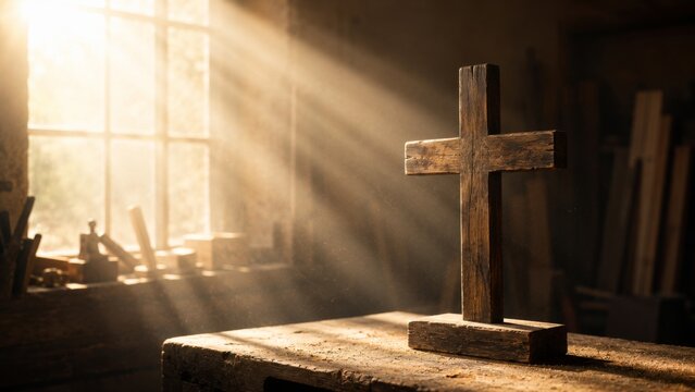 Wooden cross standing on workbench in workshop. Religious symbol of Christianity illuminated by light rays from window. Concept of faith, spiritual hope and carpenter craft.