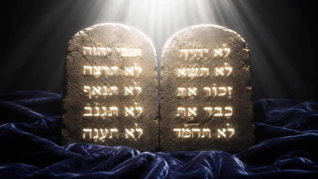 Stone tablets with Hebrew commandments glowing in divine light. Biblical symbol of the Ten Commandments given to Moses. Ancient religious artifact representing law, faith and morality.
