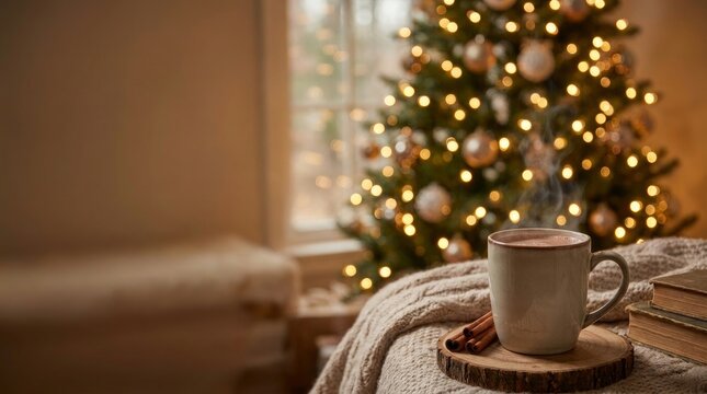 Steaming mug beside old books resting upon cozy knitted blanket near glowing holiday tree lights