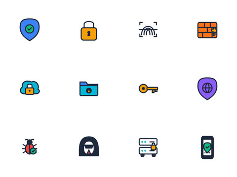 Minimal flat vector cybersecurity icon set featuring shield, padlock, firewall, secure cloud, fingerprint scan and encrypted data. Perfect for security software, IT companies, SaaS platforms and websi