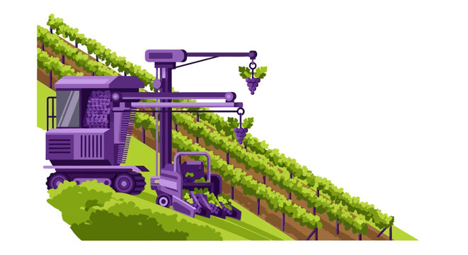 Vector Illustration of an Automated Grape Harvester Machine in a Vineyard. Precision Agriculture and Innovative Viticulture Technology.