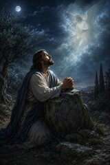 Obraz premium Man kneeling and praying in garden of Gethsemane as angel appears in night sky. Religious scene of Jesus Christ finding strength. Spiritual devotion and divine encounter concept.