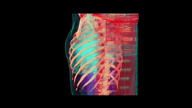 3D Cinematic Anaglyph CECT Thorax Scan Render Showing Heart Aorta Coronary Vessels and Cyan Rib Cage Skeleton