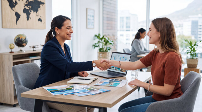 Travel agent shaking hands with client during vacation planning consultation in modern office Travel agent shaking hands with a client during vacation planning