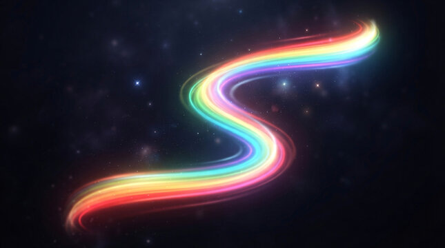 Linea astratta luminosa con colori arcobaleno che scorre su uno sfondo scuro stellato.