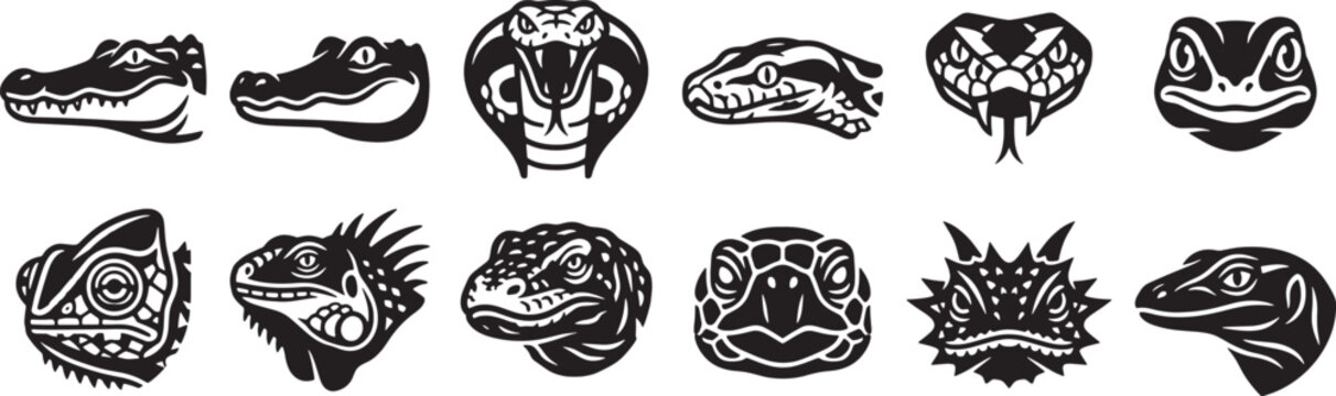 Set of various wild animal head silhouettes featuring reptiles mammals and birds for creative graphic design and logo projects