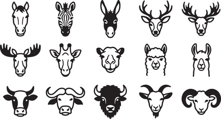 Set of fifteen hand drawn animal head icons featuring various wild and farm creatures in a simple line style © KaziMuhibbur