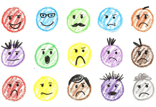 Collection of crayon drawn smiley faces showing different emotions on white background diverse expressions circle round.