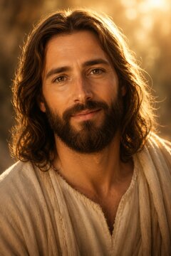 Portrait of a man with long hair and beard representing Jesus Christ. Cinematic lighting effect with golden hour glow. Spiritual symbol of faith, love, peace and religious icon.