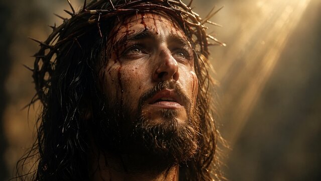 Jesus with crown of thorns looking up to heaven. Man with blood on face suffering. Biblical portrait of religious sacrifice for Easter. Divine light shining down on christian savior.