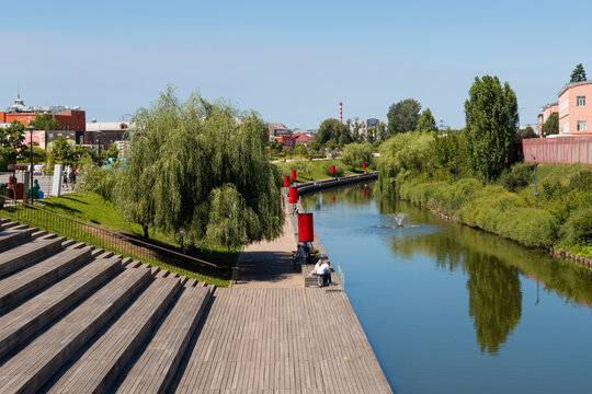 Modern embankment of the Upa river on a sunny July day. Tula