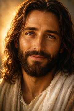 Portrait of Jesus Christ with long hair and beard. Divine light shining on a man in traditional robe. Biblical concept, religious inspiration and spiritual peace for church design.