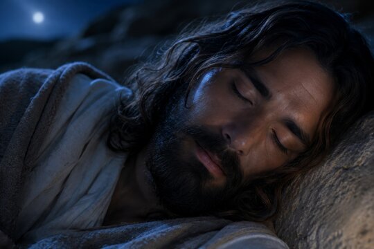 Man with long hair and beard sleeping under moonlight in desert night. Biblical figure resting in cave. Spiritual religious concept of peace and solitude. Cinematic historical scene.