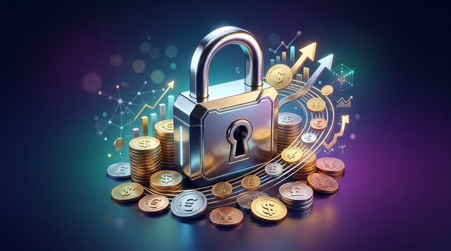 Secure Investment: A gleaming padlock symbolizes financial security amidst a vibrant display of digital currency, stock charts, and growth arrows.