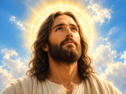 Jesus Christ with glowing halo looking up at sky. Man representing religious icon. Spiritual figure with beard and long hair against bright heavenly light. Christian faith concept.