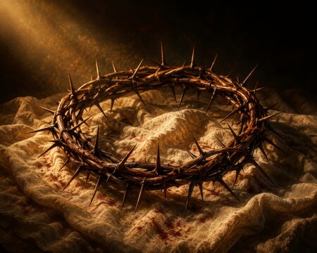 Crown of thorns on bloody cloth. Symbolic object representing the passion of Jesus Christ. Religious artifact for Easter holiday, faith, suffering, sacrifice and christian spirituality.