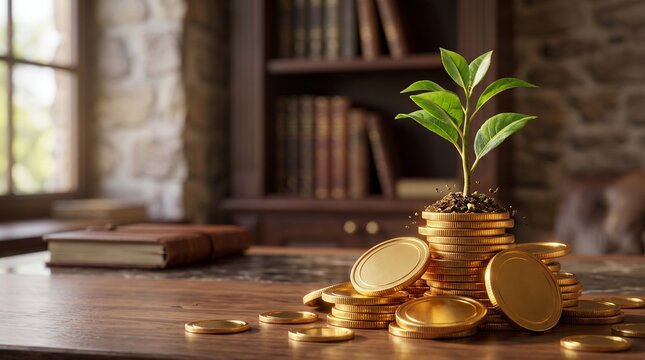Growth of Investment: A small plant sprouts from a stack of gold coins, symbolizing financial growth and prosperity in a study room setting.