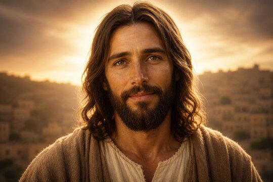 Jesus Christ with long hair and beard standing in a desert landscape at sunset. Spiritual portrait of the son of God. Biblical scene representing faith, love, peace and divinity.
