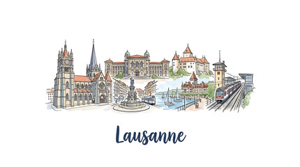 Fototapeta premium Colorful illustrated panoramic view of historic Lausanne cityscape featuring landmarks and skyline with modern and Gothic