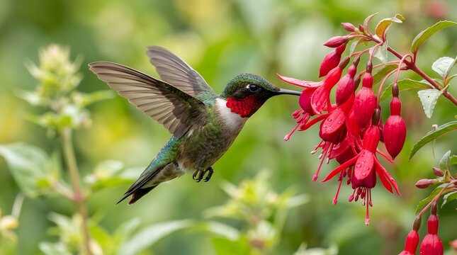 Ruby-throated hummingbird hovering and feeding on vibrant red fuchsia flowers in garden perfect for national hummingbird day