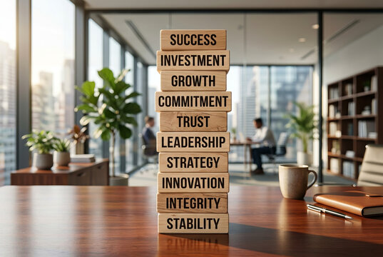 Corporate strategy and business growth concept with wooden blocks representing core values on an office desk background