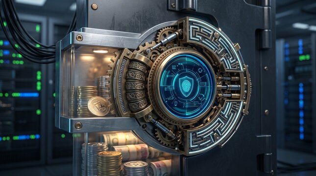 Steampunk Vault of Secure Assets: An intricate steampunk vault protects stacks of gold coins and currency, with a glowing cybernetic lock displaying a shield emblem in a server room setting.