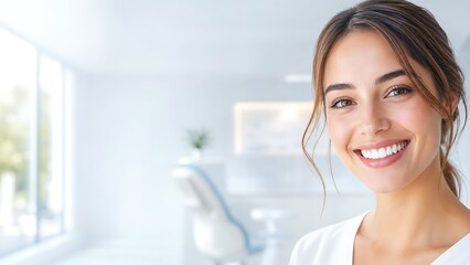 Obraz premium Smiling young woman with healthy white teeth in modern dental clinic depicting professional dental care