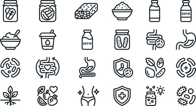 Probiotics and fermented food line icon set vector illustration featuring outline symbols of kefir yogurt kimchi kombucha stomach gut health and digestion for wellness design