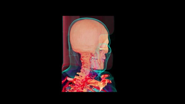 3D Cinematic Anaglyph CT Brain Angiography Render Showing Skull Facial Bones Cervical Spine and Head Contour