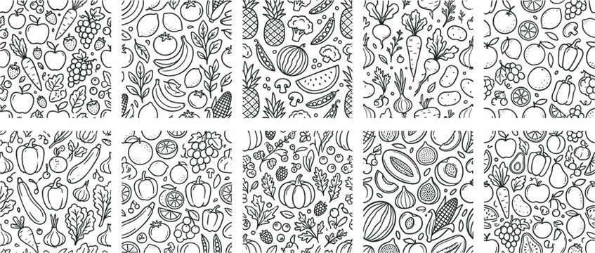 Seamless pattern vector set featuring hand drawn fruits and vegetables linear black and white doodles of fresh organic garden harvest produce for textile and wrapping paper design