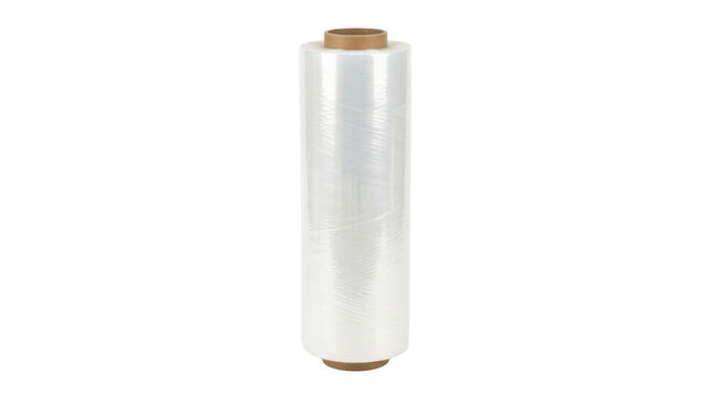 Clear plastic stretch wrap film roll on cardboard core for packaging and shipping protection PNG Isolated on transparent background
