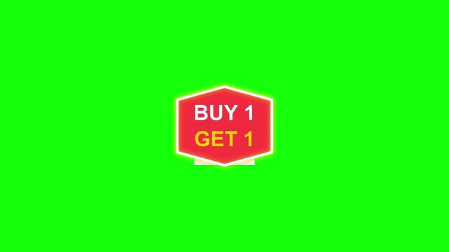 Red hexagonal promotional badge featuring BUY 1 GET 1 text in white and yellow, isolated on a bright green screen background for retail marketing and chroma key video editing.