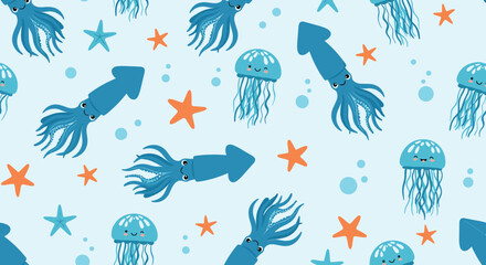 Obraz premium Ocean life seamless pattern with cute blue squids, jellyfish, and orange starfish scattered on light blue backdrop.