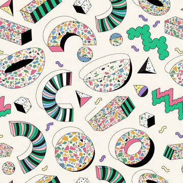 Playful abstract squiggle pattern with colorful geometric shapes