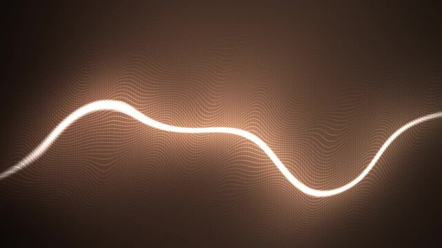Abstract glowing energy wave movement dynamically flowing across a dark brown background with a subtle grid pattern, illustrating digital data, sound visualization.