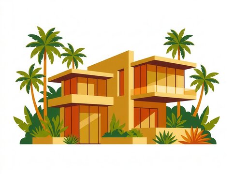 High-end residential villa surrounded by palm gardens, isolated on white background 