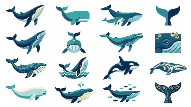 Stylized whale icons, silhouettes, and tail fluke illustrations