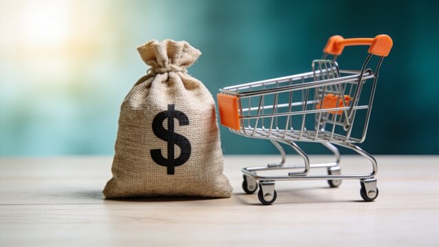 Shopping cart with dollar bag symbolizing retail savings and financial incentives