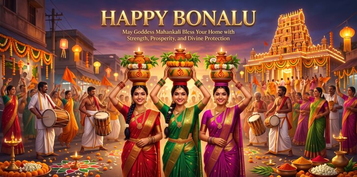 Three women in colorful saris carrying pots on their heads in a festive procession with a temple in the background