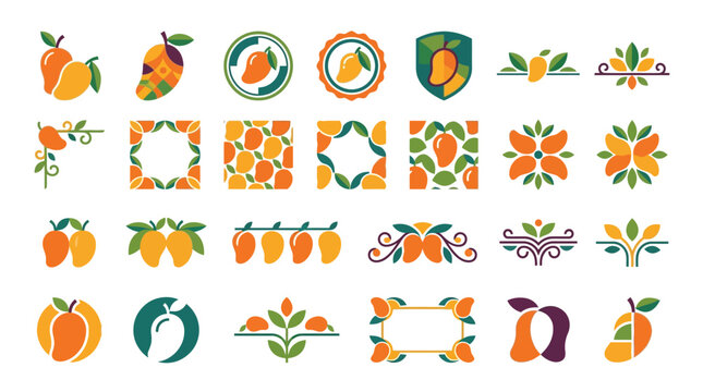 Mango branding logos and decorative emblem set.