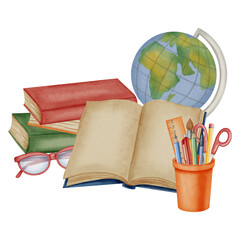 Watercolor school composition with open book, globe, eyeglasses, and stationery cup. Perfect for educational banners, fall posters, back to school promotions, children textbooks