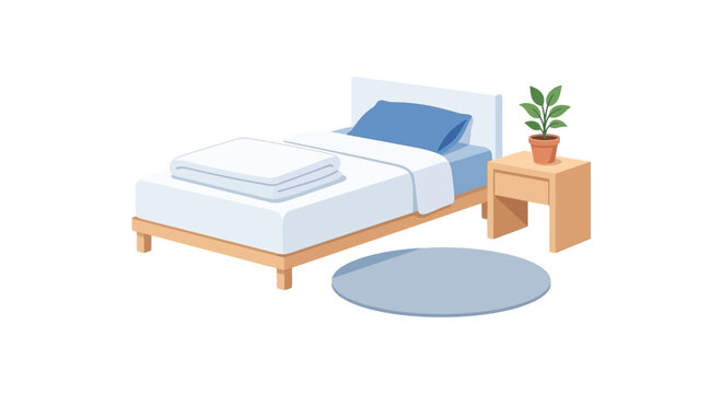 Simplified bedroom scene with a light wood bed frame blue bedding and a small bedside table bedframe
