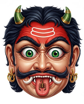 Fierce Indian Demon Mask Nazar Battu with Shaivite Tripundra and Scorpion - Traditional Drishti Bommai Evil Eye Protector