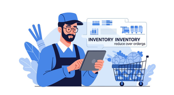 Grocery Store Worker Managing Inventory with Digital Tablet for Stock Control and Reducing Waste Flat Vector Illustration