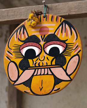 Traditional Painted Yellow Drishti Bommai Wall Hanging - Indian Folk Art Nazar Battu Evil Eye Warder