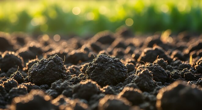 Close-up of fertile soil with clods and sunlight.